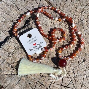 Red Fire Agate Handmade Beaded Gemstone Healing Mala Necklace